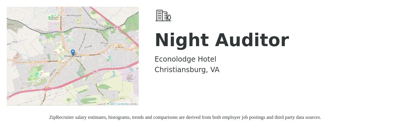 Econolodge Hotel job posting for a Night Auditor in Christiansburg, VA with a salary of $14 to $18 Hourly with a map of Christiansburg location.