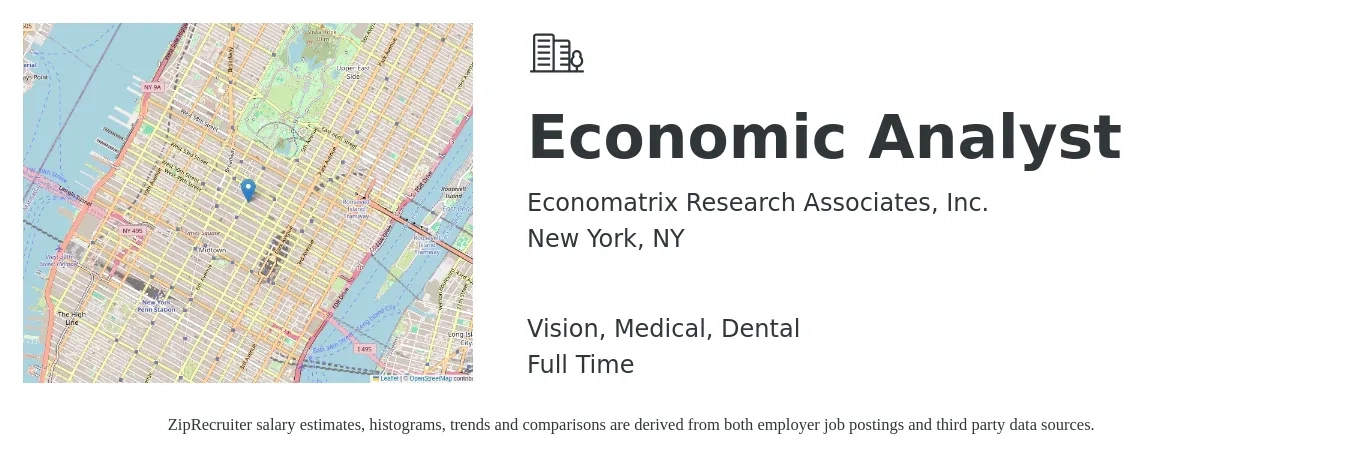Economatrix Research Associates, Inc. job posting for a Economic Analyst in New York, NY with a salary of $57,400 to $95,200 Yearly and benefits including vision, dental, medical, and retirement with a map of New York location.