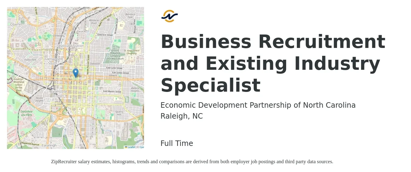 Economic Development Partnership of North Carolina job posting for a Business Recruitment and Existing Industry Specialist in Raleigh, NC with a salary of $67,100 to $113,200 Yearly with a map of Raleigh location.
