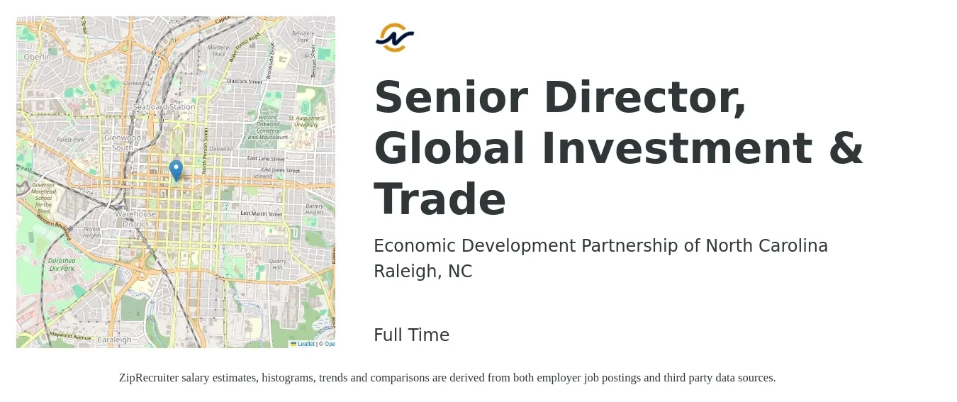 Economic Development Partnership of North Carolina job posting for a Senior Director, Global Investment & Trade in Raleigh, NC with a salary of $119,600 to $170,100 Yearly with a map of Raleigh location.
