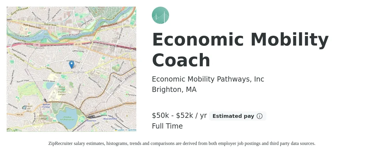 Economic Mobility Pathways, Inc job posting for a Economic Mobility Coach in Brighton, MA with a salary of $50,000 to $52,000 Yearly with a map of Brighton location.