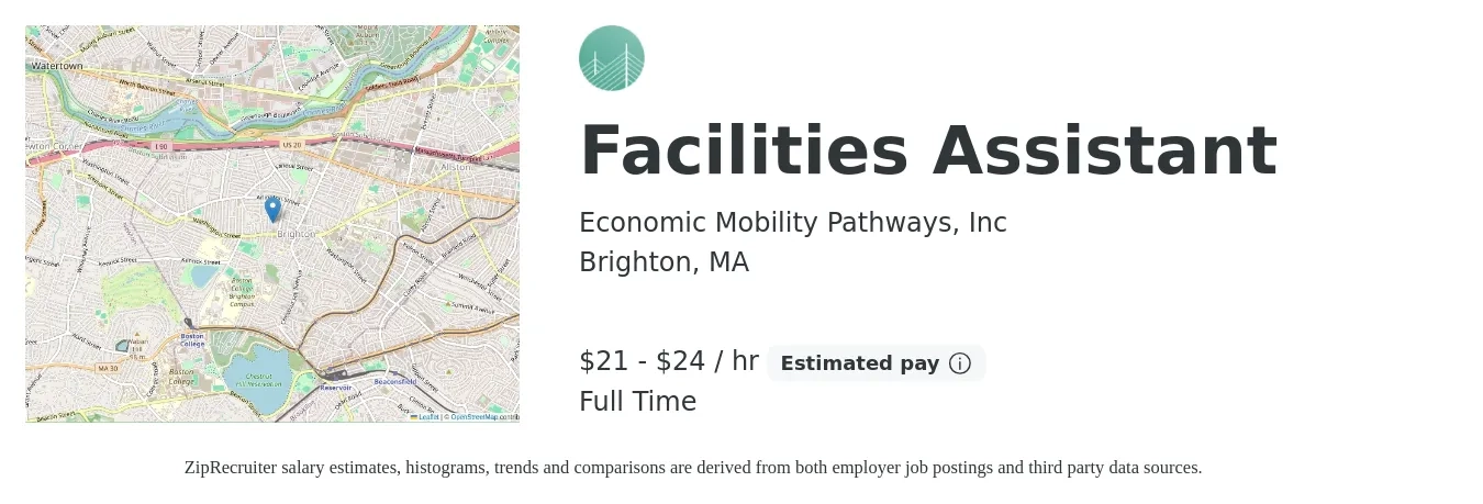Economic Mobility Pathways, Inc job posting for a Facilities Assistant in Brighton, MA with a salary of $22 to $25 Hourly with a map of Brighton location.