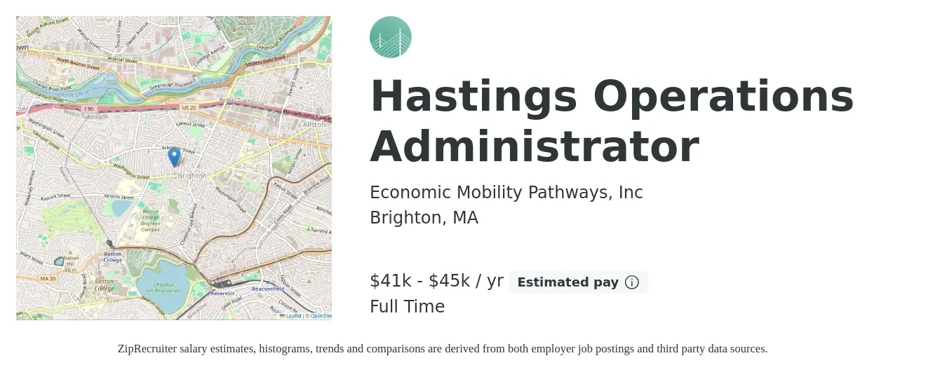 Economic Mobility Pathways, Inc job posting for a Hastings Operations Administrator in Brighton, MA with a salary of $41,000 to $45,000 Yearly with a map of Brighton location.