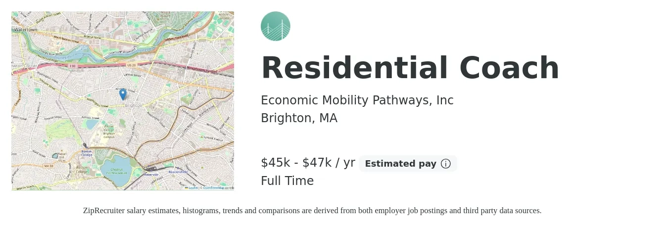 Economic Mobility Pathways, Inc job posting for a Residential Coach in Brighton, MA with a salary of $47,000 Yearly with a map of Brighton location.