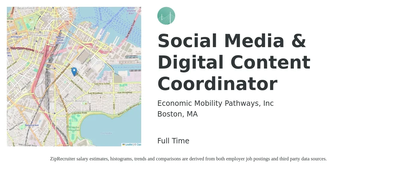 Economic Mobility Pathways, Inc job posting for a Social Media & Digital Content Coordinator in Boston, MA with a salary of $22 to $30 Hourly with a map of Boston location.