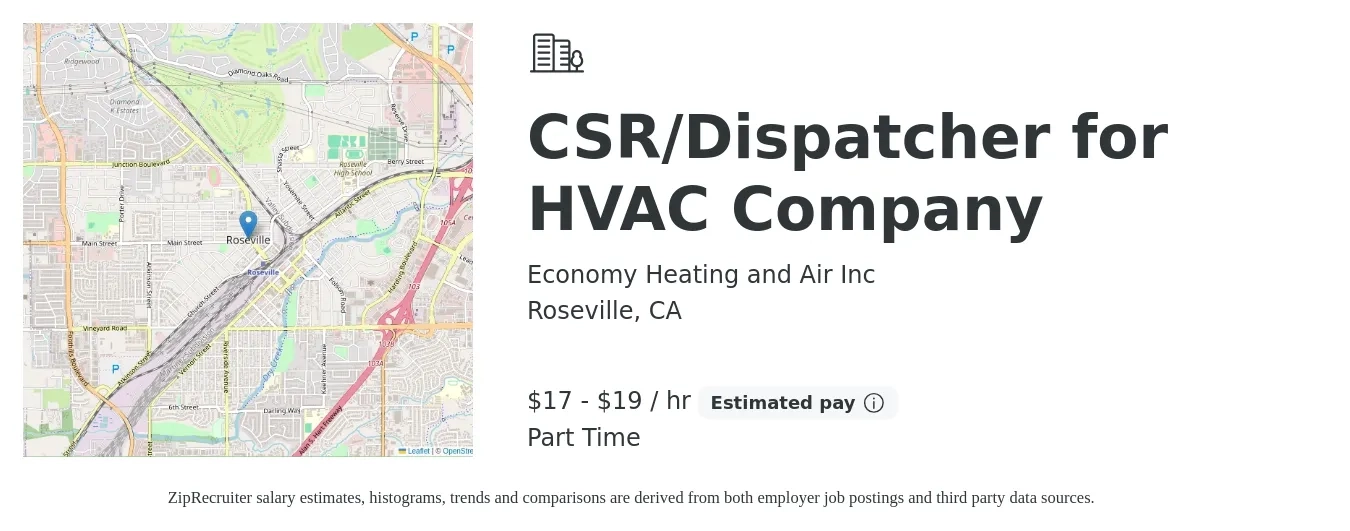 Economy Heating and Air Inc job posting for a CSR/Dispatcher for HVAC Company in Roseville, CA with a salary of $18 to $20 Hourly with a map of Roseville location.