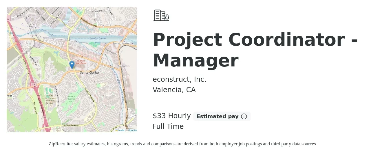 econstruct, Inc. job posting for a Project Coordinator - Manager in Valencia, CA with a salary of $35 Hourly with a map of Valencia location.