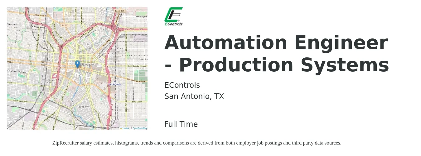 EControls job posting for a Automation Engineer - Production Systems in San Antonio, TX with a salary of $78,000 to $111,400 Yearly with a map of San Antonio location.