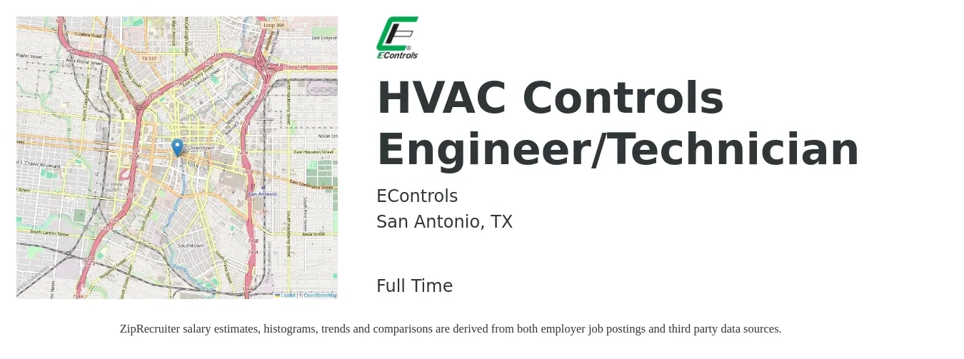 EControls job posting for a HVAC Controls Engineer/Technician in San Antonio, TX with a salary of $27 to $36 Hourly with a map of San Antonio location.