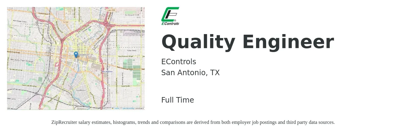 EControls job posting for a Quality Engineer in San Antonio, TX with a salary of $64,900 to $83,900 Yearly with a map of San Antonio location.