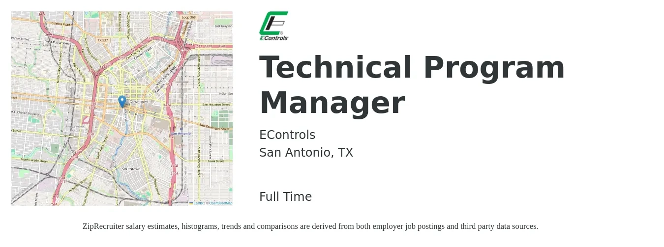 EControls job posting for a Technical Program Manager in San Antonio, TX with a salary of $116,400 to $150,600 Yearly with a map of San Antonio location.