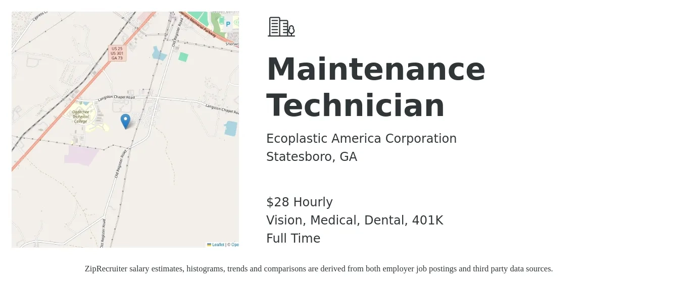 Ecoplastic America Corporation job posting for a Maintenance Technician in Statesboro, GA with a salary of $30 Hourly and benefits including medical, vision, 401k, dental, and life_insurance with a map of Statesboro location.