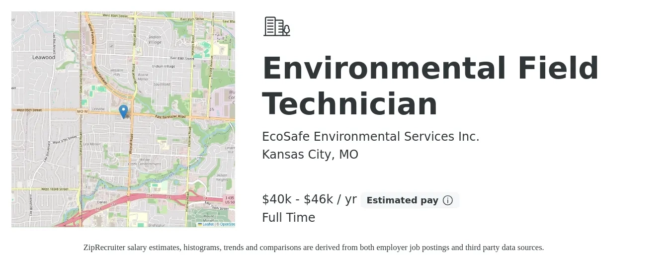 EcoSafe Environmental Services Inc. job posting for a Environmental Field Technician in Kansas City, MO with a salary of $40,000 to $46,000 Yearly with a map of Kansas City location.