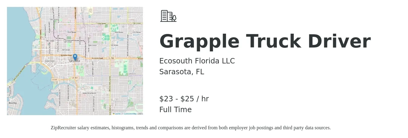 Ecosouth Florida LLC job posting for a Grapple Truck Driver in Sarasota, FL with a salary of $24 to $26 Hourly with a map of Sarasota location.