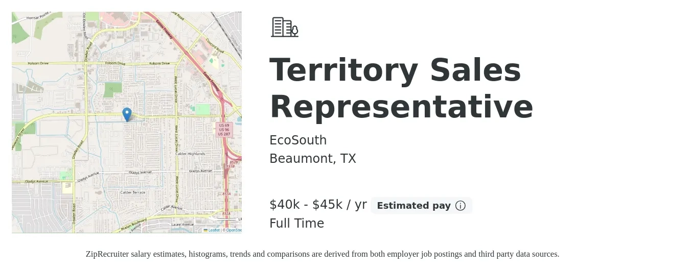 EcoSouth job posting for a Territory Sales Representative in Beaumont, TX with a salary of $40,000 to $45,000 Yearly with a map of Beaumont location.