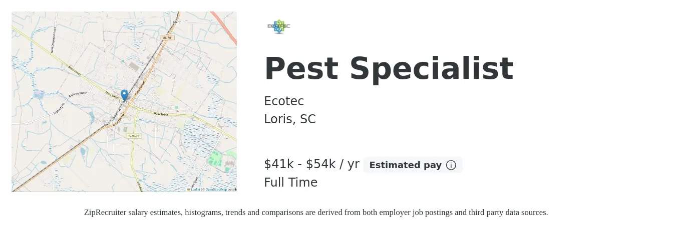 Ecotec job posting for a Pest Specialist in Loris, SC with a salary of $41,000 to $54,000 Yearly with a map of Loris location.