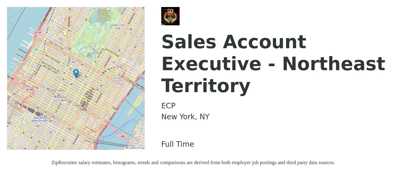 ECP job posting for a Sales Account Executive - Northeast Territory in New York, NY with a salary of $58,500 to $91,900 Yearly with a map of New York location.