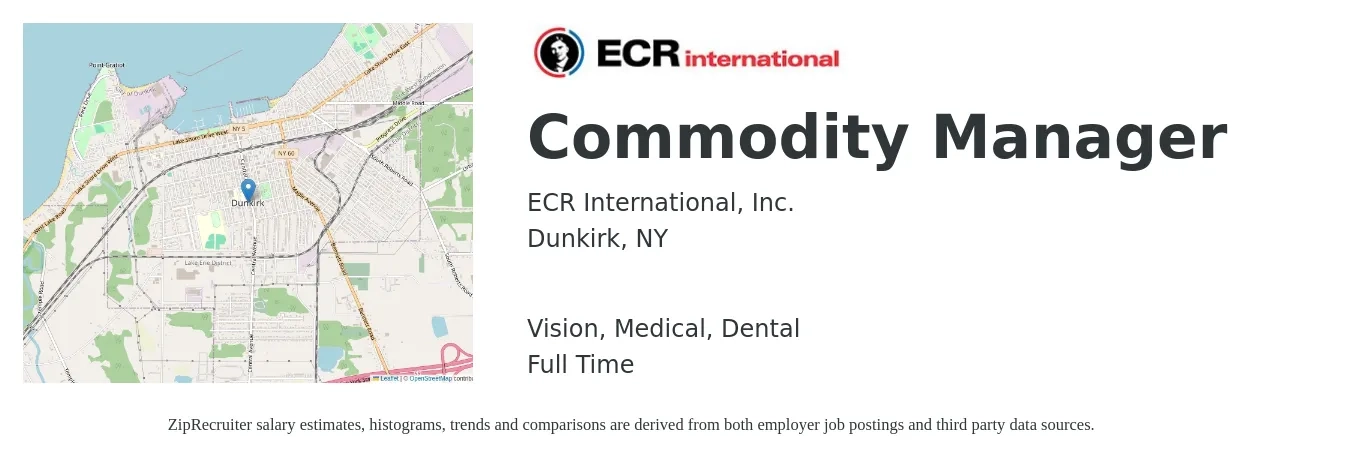 ECR International, Inc. job posting for a Commodity Manager in Dunkirk, NY with a salary of $70,200 to $100,000 Yearly and benefits including dental, life_insurance, medical, pto, retirement, and vision with a map of Dunkirk location.