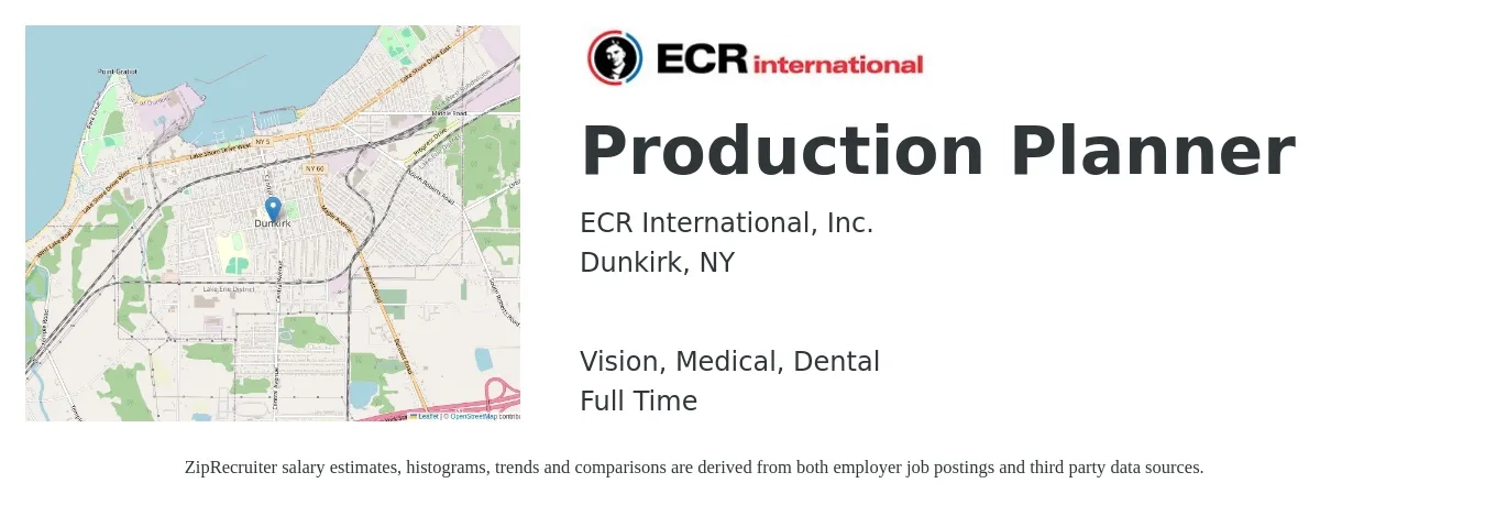 ECR International, Inc. job posting for a Production Planner in Dunkirk, NY with a salary of $23 to $32 Hourly and benefits including retirement, vision, dental, life_insurance, medical, and pto with a map of Dunkirk location.