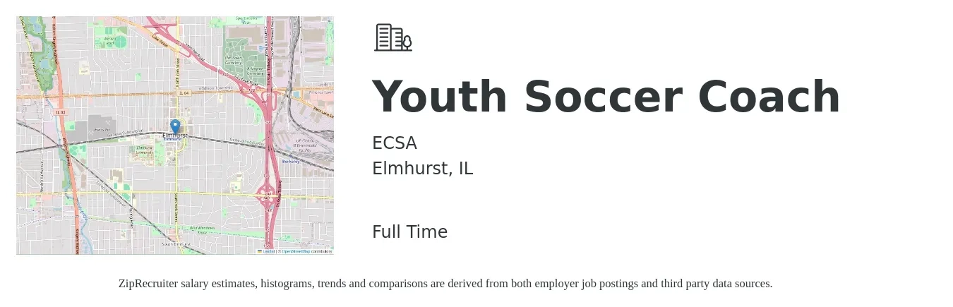 ECSA job posting for a Youth Soccer Coach in Elmhurst, IL with a salary of $15 to $25 Hourly with a map of Elmhurst location.