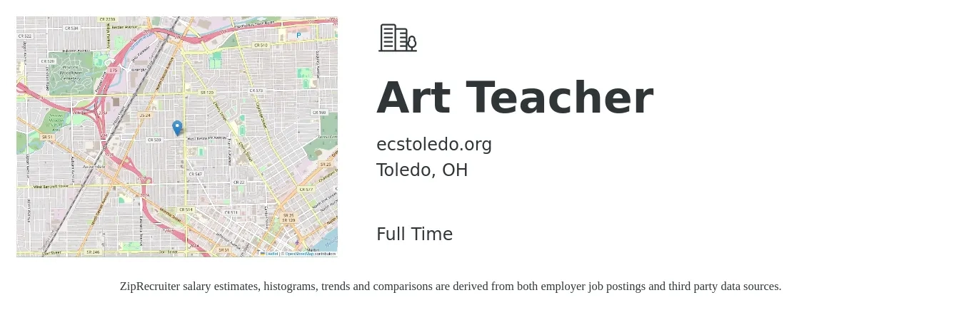 ecstoledo.org job posting for a Art Teacher in Toledo, OH with a salary of $39,800 to $53,600 Yearly with a map of Toledo location.