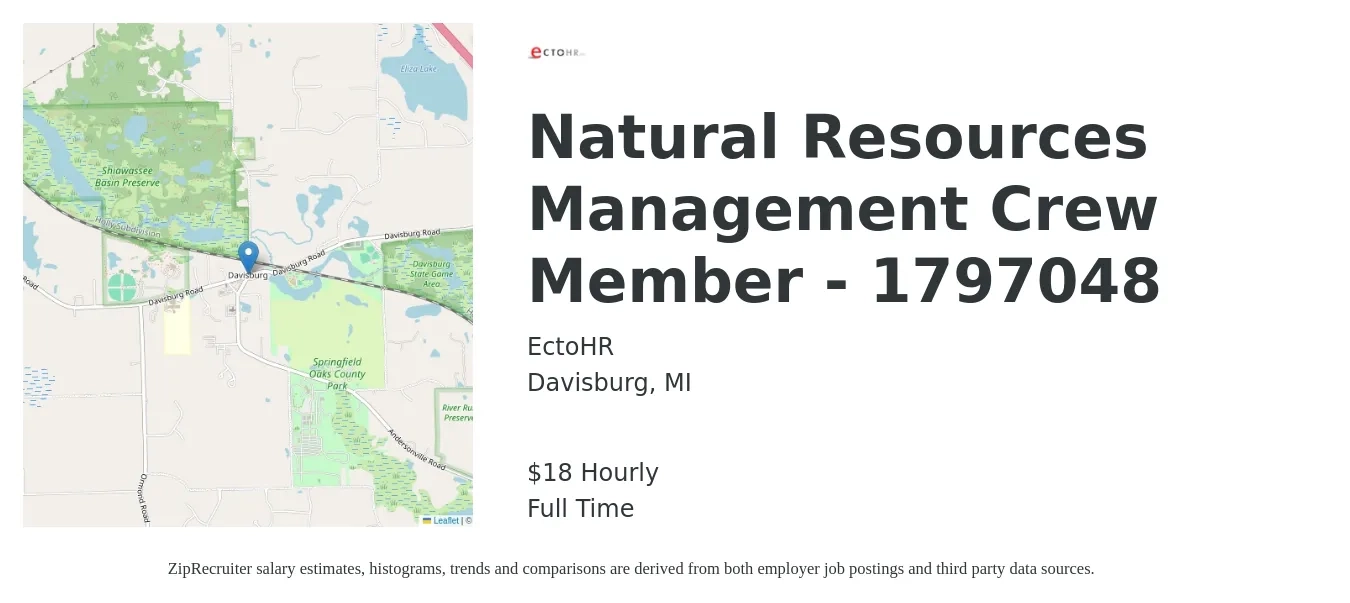 EctoHR job posting for a Natural Resources Management Crew Member - 1797048 in Davisburg, MI with a salary of $19 Hourly with a map of Davisburg location.