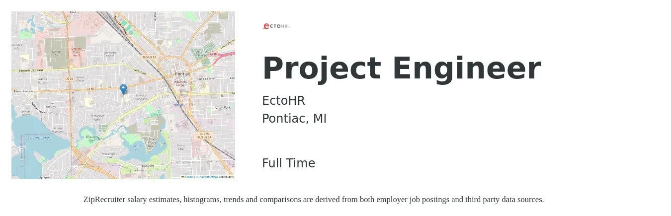 EctoHR job posting for a Project Engineer in Pontiac, MI with a salary of $73,500 to $102,800 Yearly with a map of Pontiac location.
