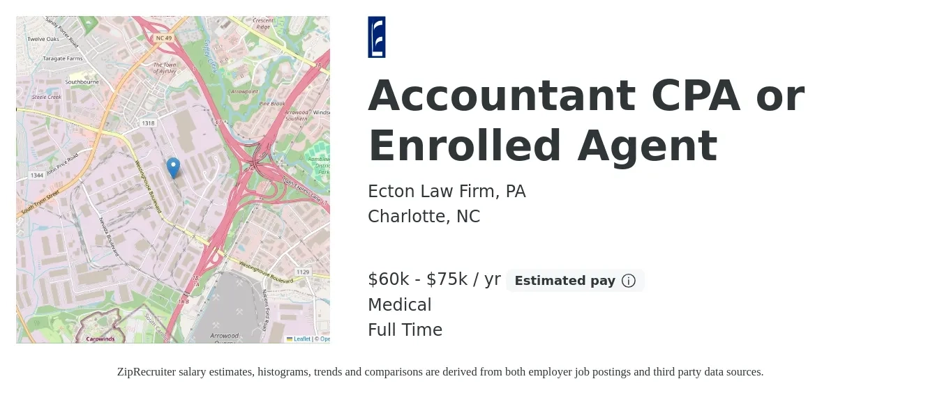 Ecton Law Firm, PA job posting for a Accountant CPA or Enrolled Agent in Charlotte, NC with a salary of $60,000 to $75,000 Yearly and benefits including life_insurance, medical, and pto with a map of Charlotte location.