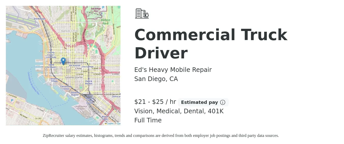 Ed's Heavy Mobile Repair job posting for a Commercial Truck Driver in San Diego, CA with a salary of $22 to $27 Hourly and benefits including medical, vision, 401k, dental, and life_insurance with a map of San Diego location.