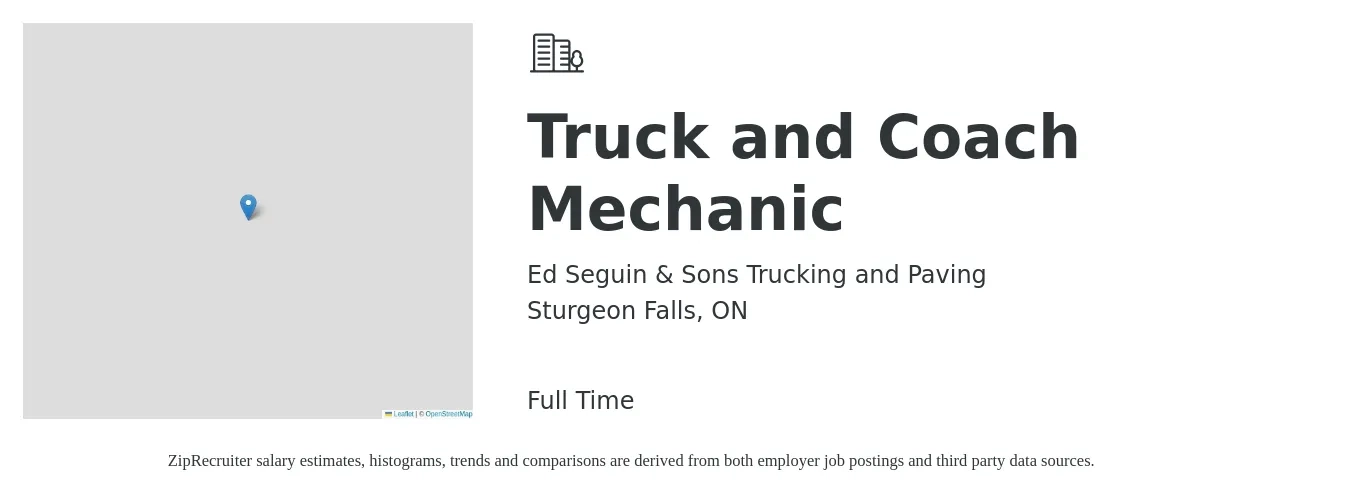 Ed Seguin & Sons Trucking and Paving job posting for a Truck and Coach Mechanic in Sturgeon Falls, ON with a salary of $32 Hourly with a map of Sturgeon Falls location.