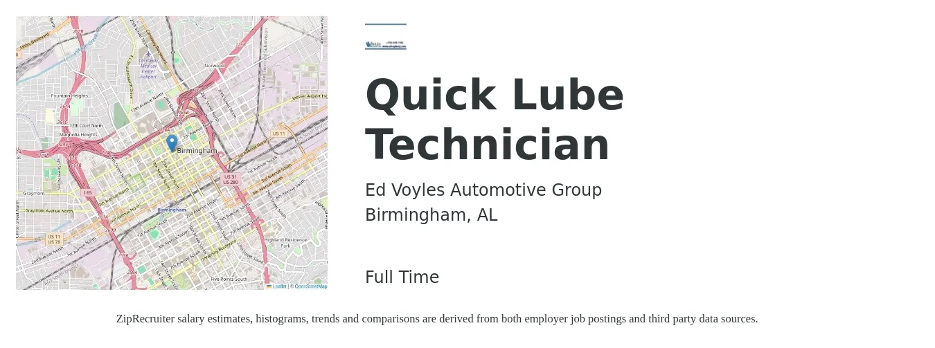 Ed Voyles Automotive Group job posting for a Quick Lube Technician in Birmingham, AL with a salary of $13 to $18 Hourly with a map of Birmingham location.