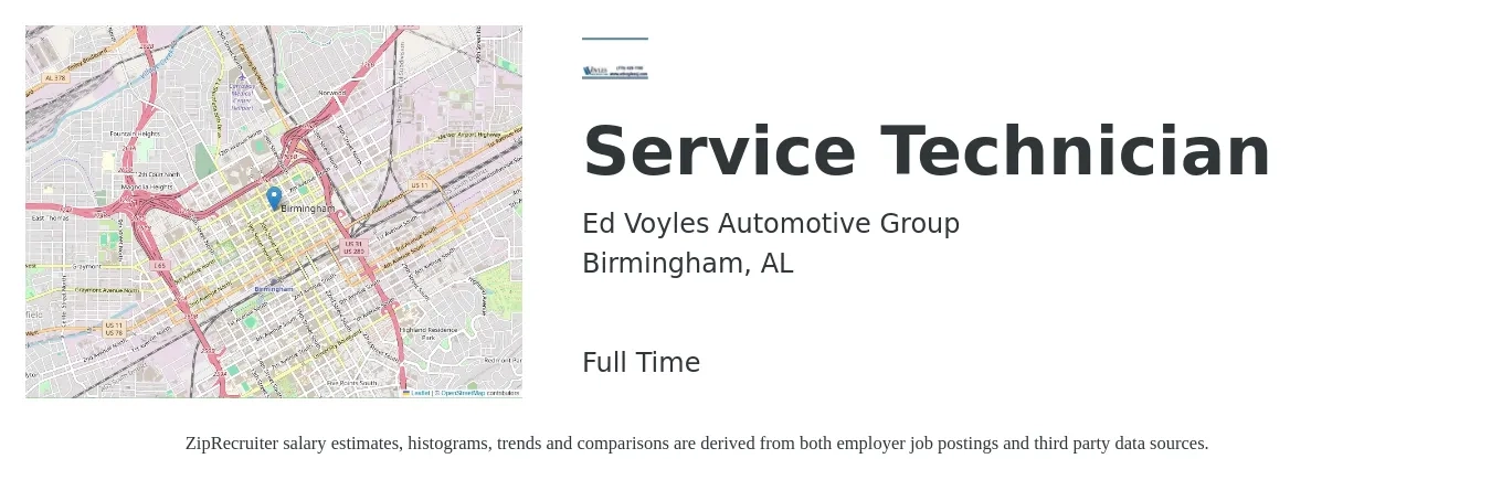 Ed Voyles Automotive Group job posting for a Service Technician in Birmingham, AL with a salary of $19 to $26 Hourly with a map of Birmingham location.
