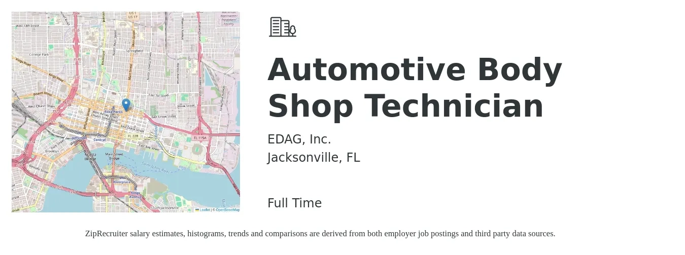 EDAG, Inc. job posting for a Automotive Body Shop Technician in Jacksonville, FL with a salary of $19 to $31 Hourly with a map of Jacksonville location.