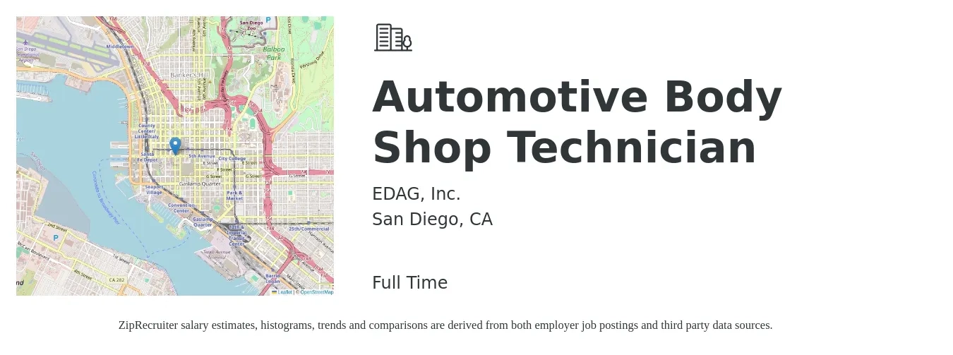 EDAG, Inc. job posting for a Automotive Body Shop Technician in San Diego, CA with a salary of $22 to $35 Hourly with a map of San Diego location.