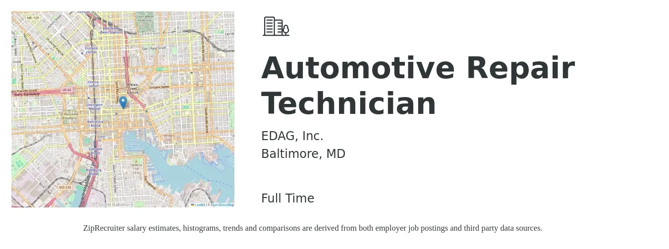 EDAG, Inc. job posting for a Automotive Repair Technician in Baltimore, MD with a salary of $20 to $30 Hourly with a map of Baltimore location.