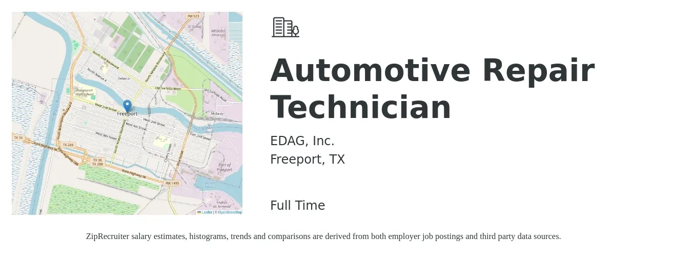 EDAG, Inc. job posting for a Automotive Repair Technician in Freeport, TX with a salary of $18 to $28 Hourly with a map of Freeport location.