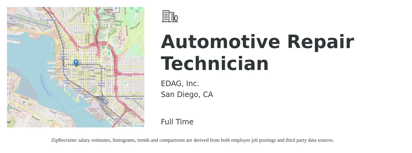 EDAG, Inc. job posting for a Automotive Repair Technician in San Diego, CA with a salary of $21 to $32 Hourly with a map of San Diego location.