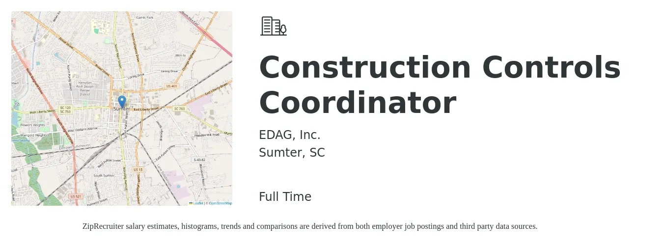 EDAG, Inc. job posting for a Construction Controls Coordinator in Sumter, SC with a salary of $20 to $32 Hourly with a map of Sumter location.