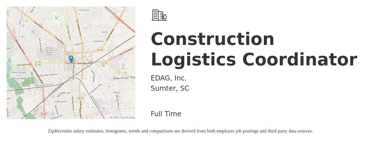 EDAG, Inc. job posting for a Construction Logistics Coordinator in Sumter, SC with a salary of $17 to $23 Hourly with a map of Sumter location.