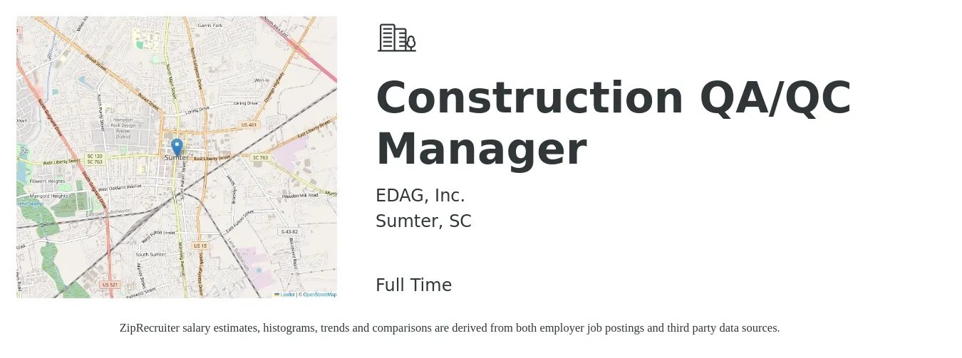 EDAG, Inc. job posting for a Construction QA/QC Manager in Sumter, SC with a salary of $74,400 to $98,900 Yearly with a map of Sumter location.