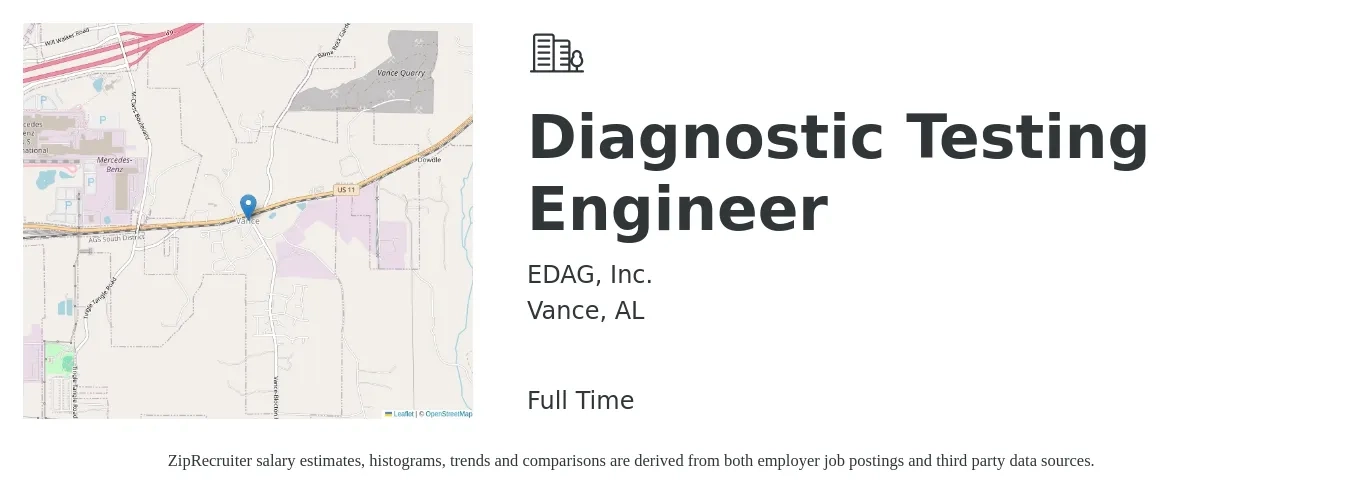 EDAG, Inc. job posting for a Diagnostic Testing Engineer in Vance, AL with a salary of $75,400 to $104,500 Yearly with a map of Vance location.