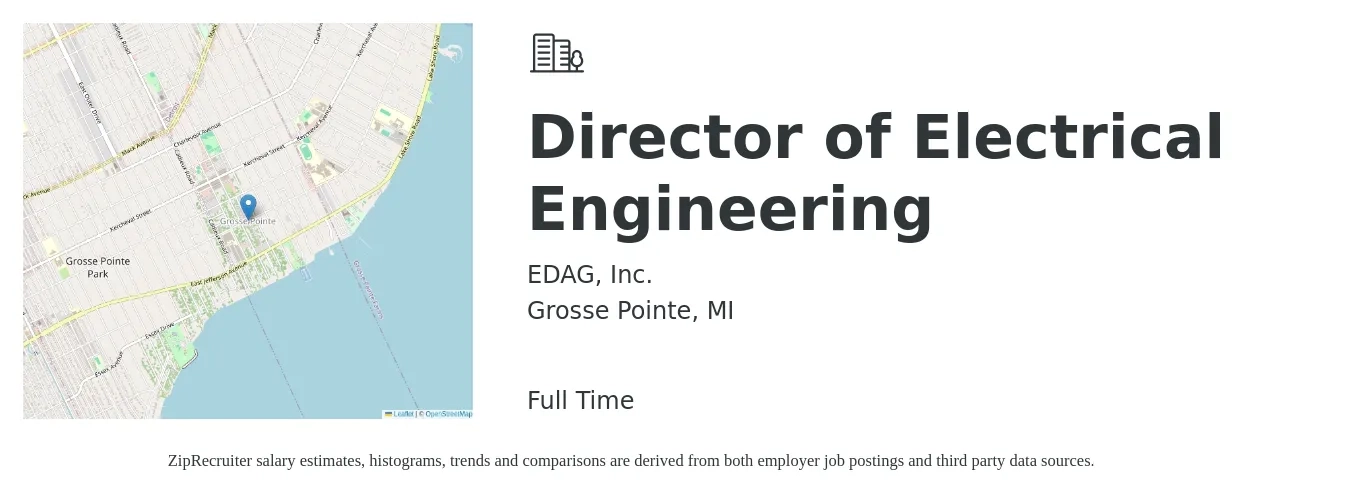 EDAG, Inc. job posting for a Director of Electrical Engineering in Grosse Pointe, MI with a salary of $133,200 to $238,200 Yearly with a map of Grosse Pointe location.