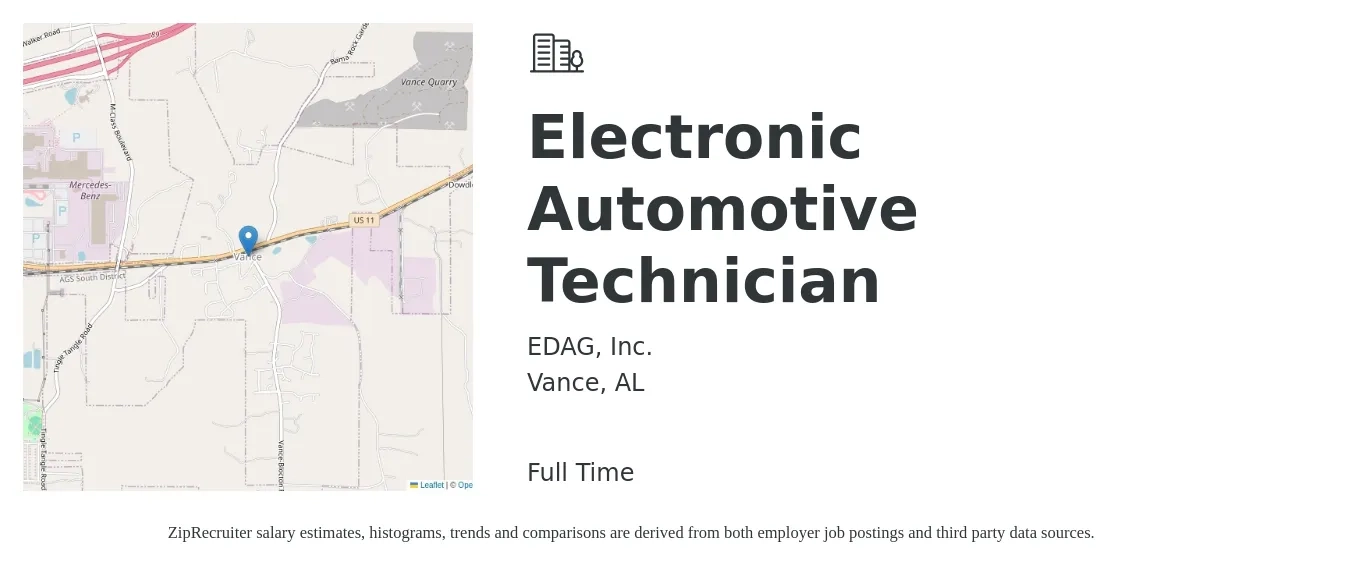 EDAG, Inc. job posting for a Electronic Automotive Technician in Vance, AL with a salary of $41,300 to $62,800 Yearly with a map of Vance location.