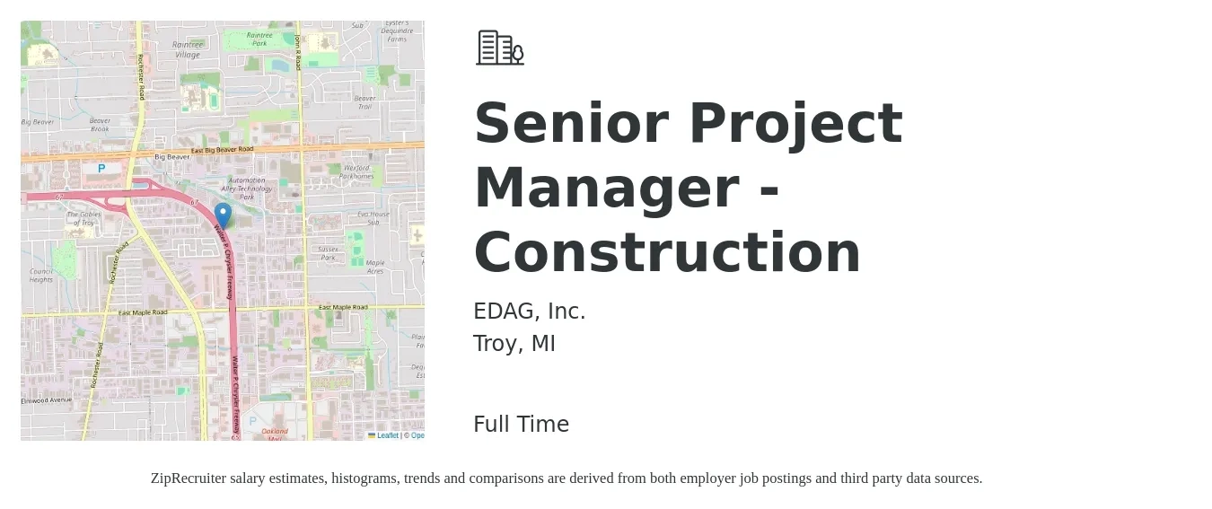 EDAG, Inc. job posting for a Senior Project Manager - Construction in Troy, MI with a salary of $97,000 to $136,800 Yearly with a map of Troy location.