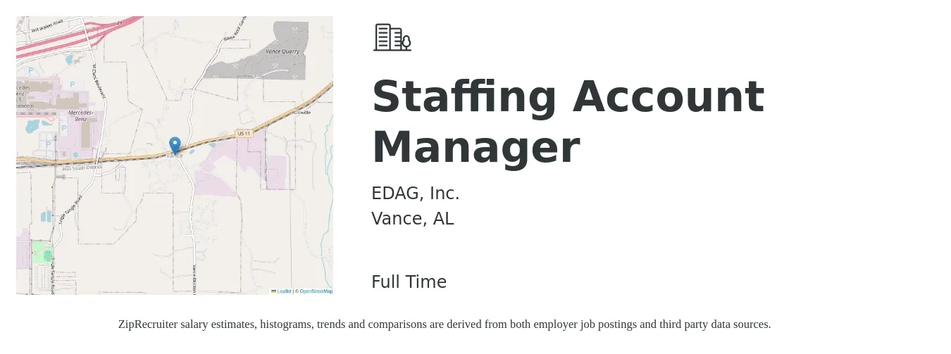 EDAG, Inc. job posting for a Staffing Account Manager in Vance, AL with a salary of $38,600 to $75,800 Yearly with a map of Vance location.
