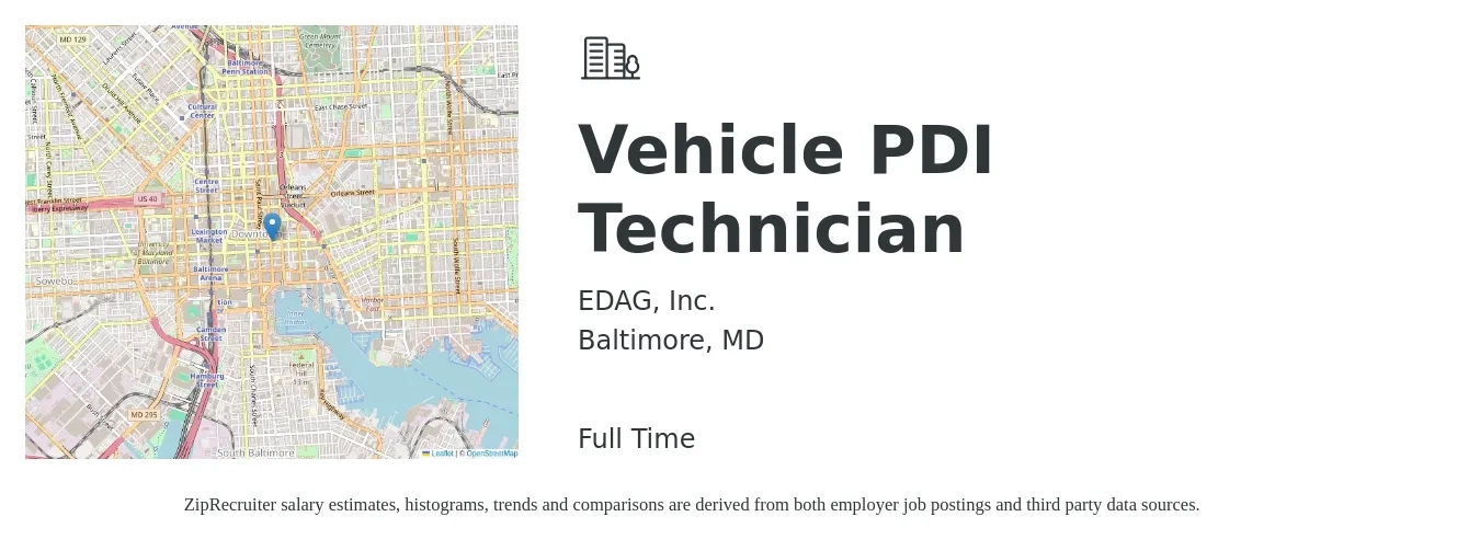 EDAG, Inc. job posting for a Vehicle PDI Technician in Baltimore, MD with a map of Baltimore location.