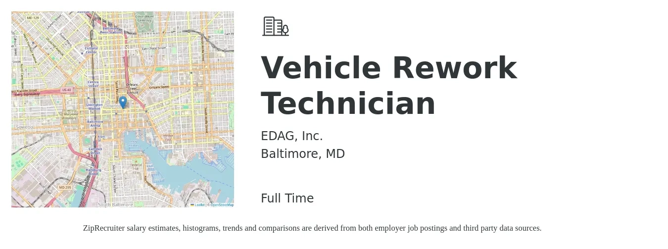 EDAG, Inc. job posting for a Vehicle Rework Technician in Baltimore, MD with a salary of $21 to $30 Hourly with a map of Baltimore location.