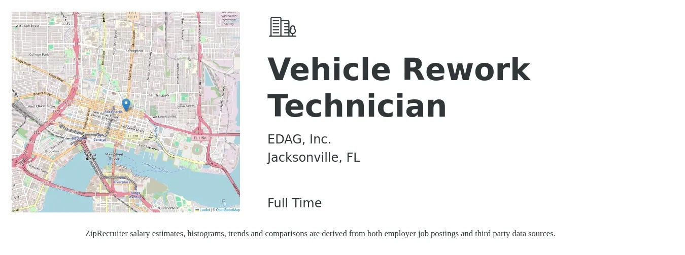 EDAG, Inc. job posting for a Vehicle Rework Technician in Jacksonville, FL with a salary of $20 to $28 Hourly with a map of Jacksonville location.