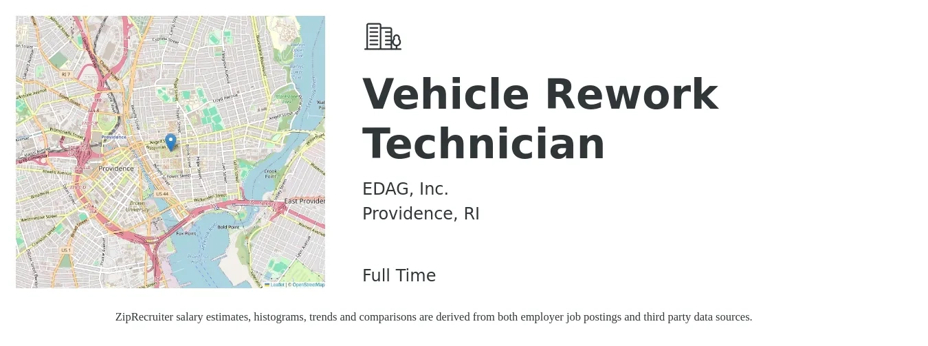 EDAG, Inc. job posting for a Vehicle Rework Technician in Providence, RI with a salary of $21 to $30 Hourly with a map of Providence location.