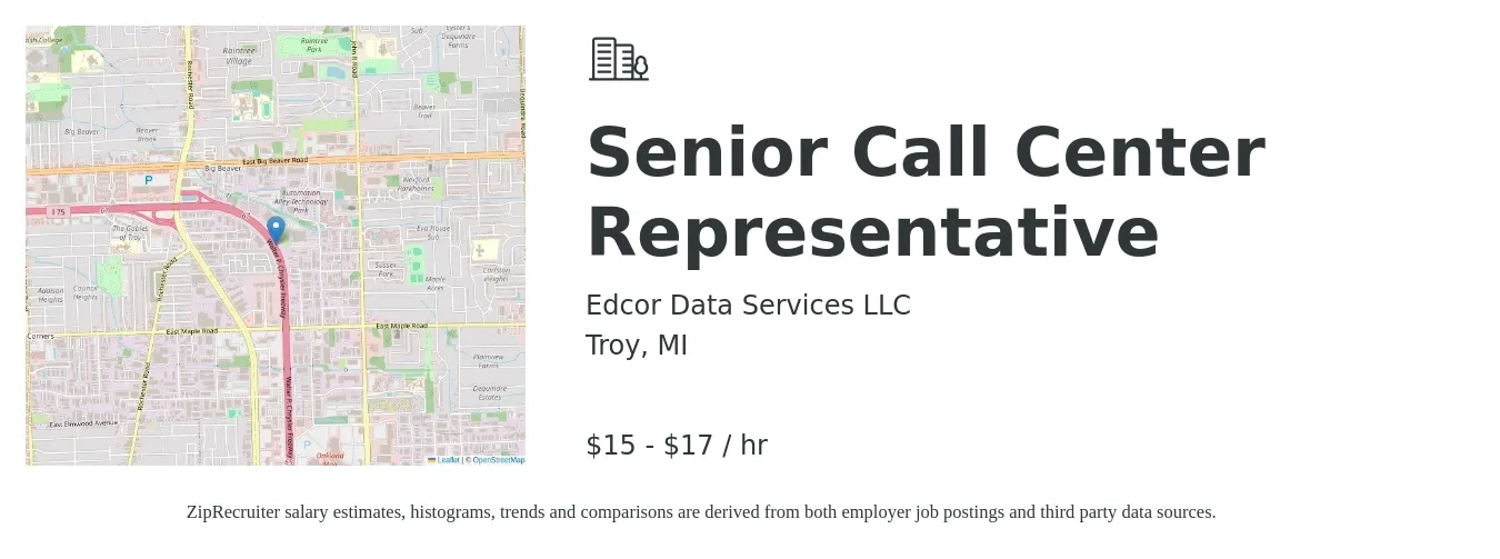 Edcor Data Services LLC job posting for a Senior Call Center Representative in Troy, MI with a salary of $16 to $18 Hourly with a map of Troy location.